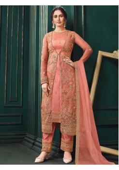 Peach Net Satin Anarkali Gown